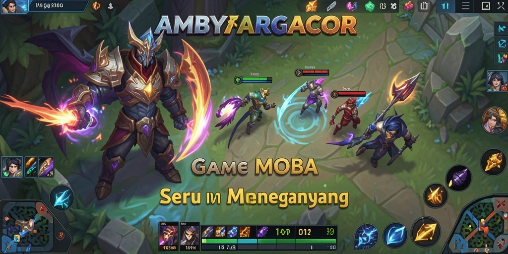 Screenshot gameplay seru AMBYARGACOR dengan karakter bertarung di arena MOBA.